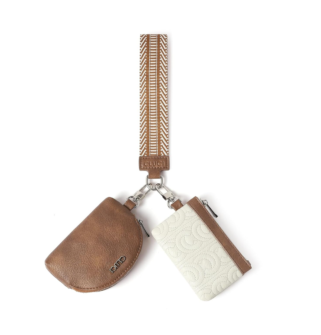 CLUCI Keychain Wallet for Women Leather Coin Purse Detachable Dual Pouch Wristlet Wallet Zipper Pocket Beige With Brown