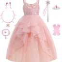 Foierp Girls Pink Princess Dress Costume Set with Tiara & Wand - Party Gown for Musical Theater Dress Up