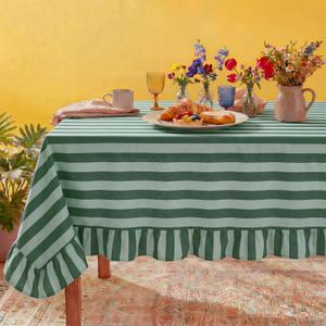 Tudomro 1 Pcs Ruffle Edge Striped Tablecloth, 84'' x 60'' Scalloped Table Cover, Farmhouse Linen Fabric Cloth for Rectangle Table, Dining Room Bridal Shower Wedding Holiday Party(Forest, Mint Green)