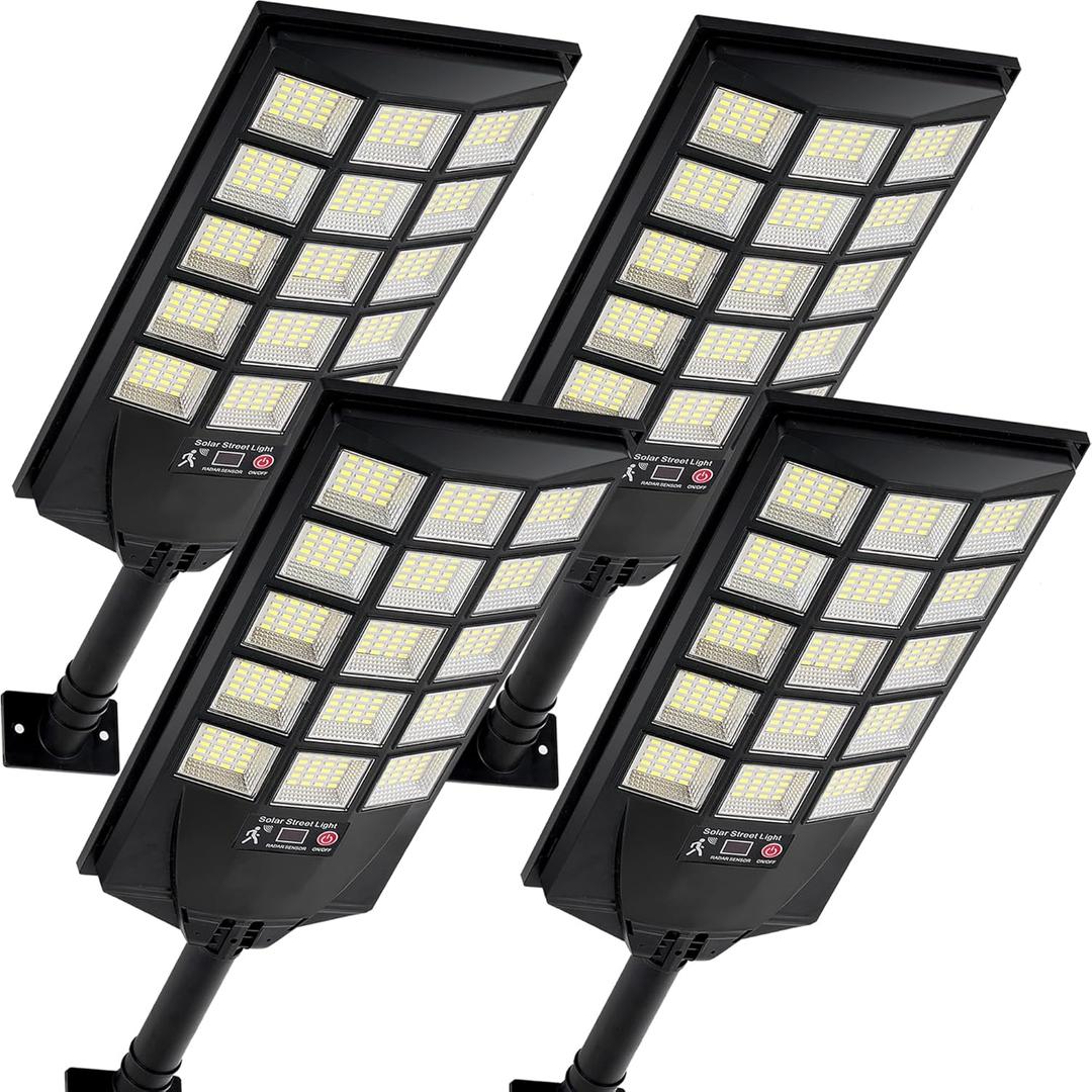 Solar Lights Outdoor Waterproof, 6500K Dusk to Dawn Solar Street Light Motion Sensor with Remote, LED Security Flood Light for Outside Garden Yard Path, Oudoor Parking Lot Lights, 4PACK (4PCS, White)