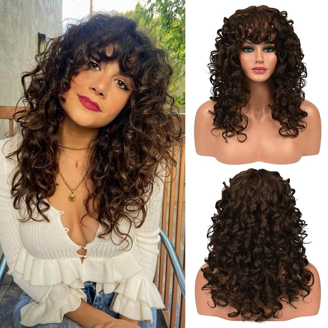 LONAI Curly Wig with Bangs for Women Long 23Inch Chocolate Brown Kinky Wigs with Wispy Bangs WIG006 Curly Gorgeous Shag Synthetic Wig for Daily Use Party Cosplay-Chocolate Brown
