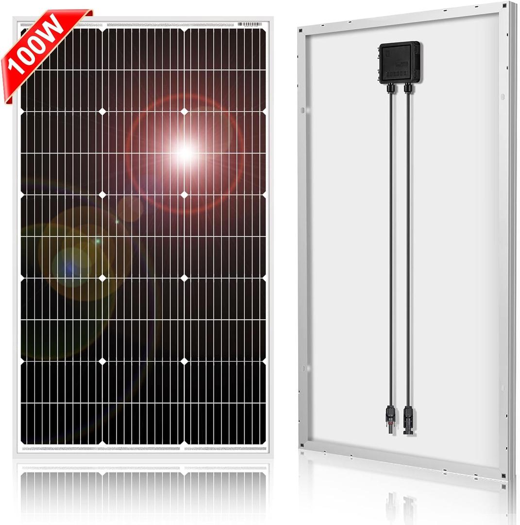 DOKIO 100W 18V Monocrystalline Solar Panel for 12V Battery Charging, Glass Module with Aluminum Frame, MC4 Connector, Pre-Drilled Holes for Rooftop, RV, Boat, Off-Grid Power