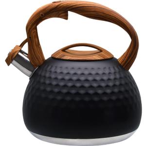 GGC Tea Kettle for Stove Top, Loud Whistling Kettle for Boiling Water Coffee or Milk, 3.1 Quart 3L Heavy Stainless Steel Black Kettle with Wood Pattern Handle, Unique Button Control Kettle Outlet