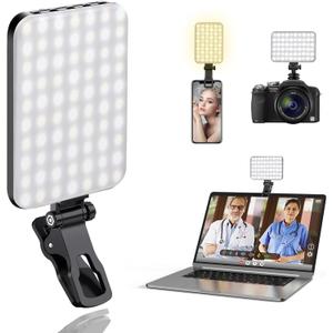 60 LED Portable Selfie Light Video Conference Lighting with Clip & Camera Tripod Adapter Rechargeable 2200mAh CRI 97+, 3 Light Modes for Phone iPhone Webcam Laptop Photo Makeup (Black)