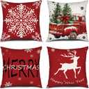 PICKFORU Red Christmas Throw Pillow Covers Set of 4, 18x18 Inch Square Pillow Covers, Deer Snowflakes Pickup Trucks Cushion Case for Sofa Living Room