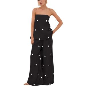 calbatic Women Polka Dot 2 Piece Outfits Spot Strapless Tube Top High Waist Wide Leg Pants Casual Lounge Set (S)