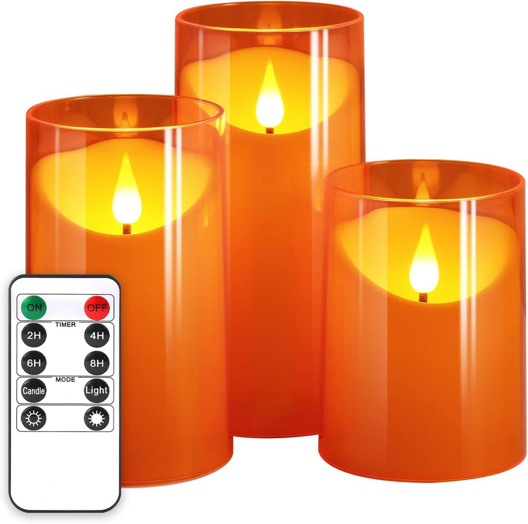 NURADA Flameless Candles with Remote Timers - 3D Wick Battery Operated LED Electric Fake Candles Realistic for for Halloween Thanksgiving Dinner Tables Wedding Party Home Fall Decor - 3 Pack Orange (4"x5"x6")