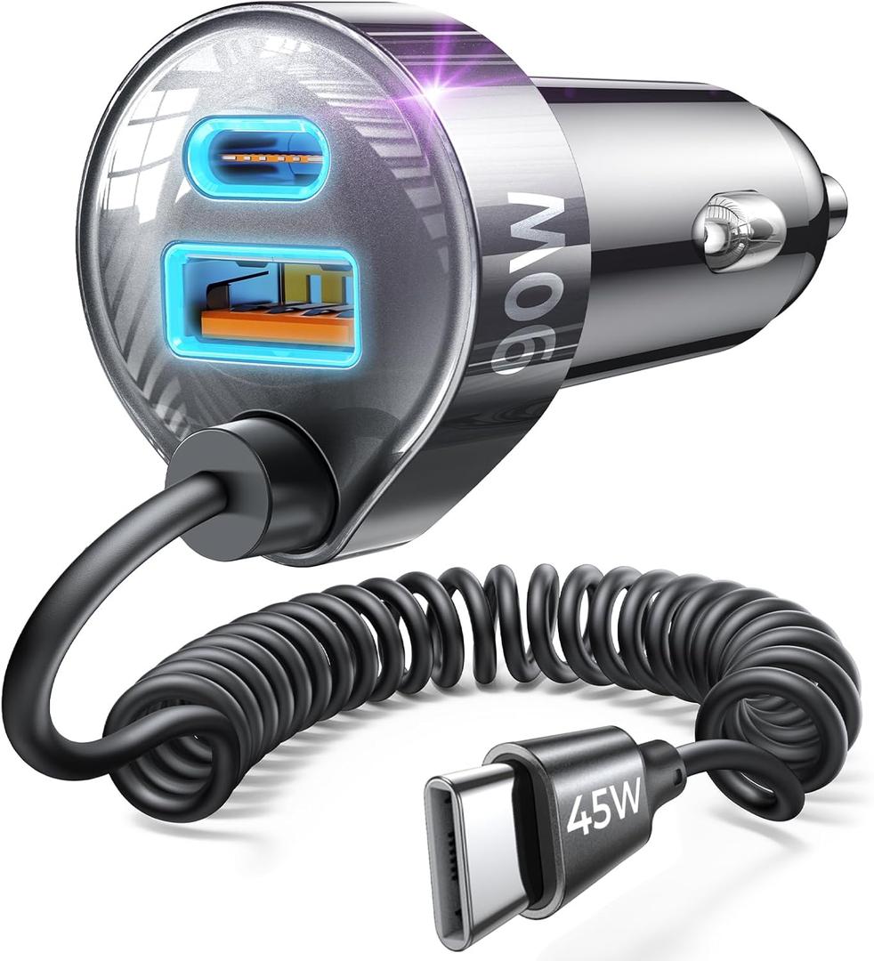 USB C 90W Car Charger for iPhone 17/16 Pro Max, PD & QC3.0 w/5 ft 45W Type C Coiled Cable, Fast Car Phone Charger Adapter for iPhone 17Air/15 Pro, Samsung Galaxy S25/S24/S23, Pixel 10/LG/Android, iPad, Black