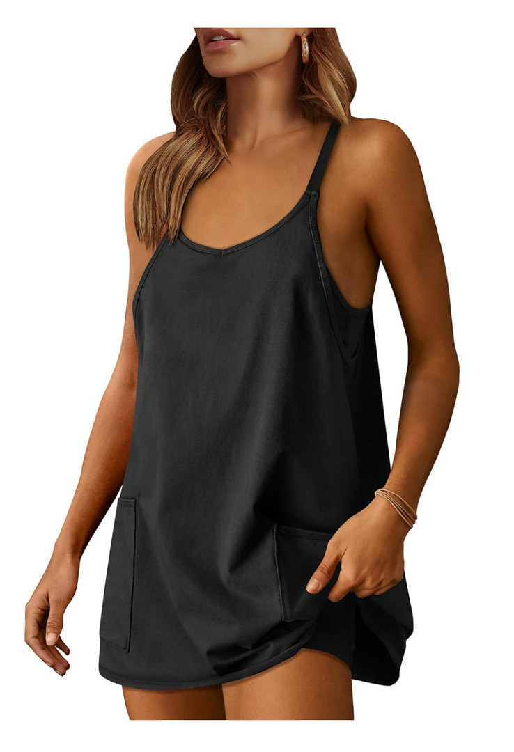 ANRABESS Women Athletic Dress Summer Tennis Workout Active Sports Mini Romper Dress Built in Shorts Travel Vacation Clothes (Black, XL)