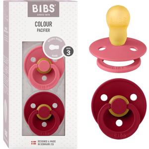 Bibs Pacifiers Color Collection, Set of 2 BPA-Free Latex Pacifiers Made in Europe, Round Nipple Baby Pacifier. (6+ Month (Pack of 2), Coral / Ruby)