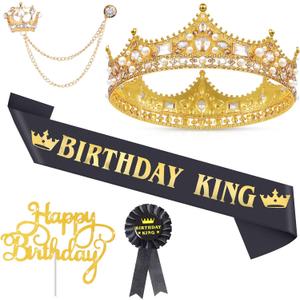 Junkin 5 Pieces Birthday Accessories Include Man Crown King Sash Tinplate Badge Pin Brooch Hanging Chain for Man Birthday Party