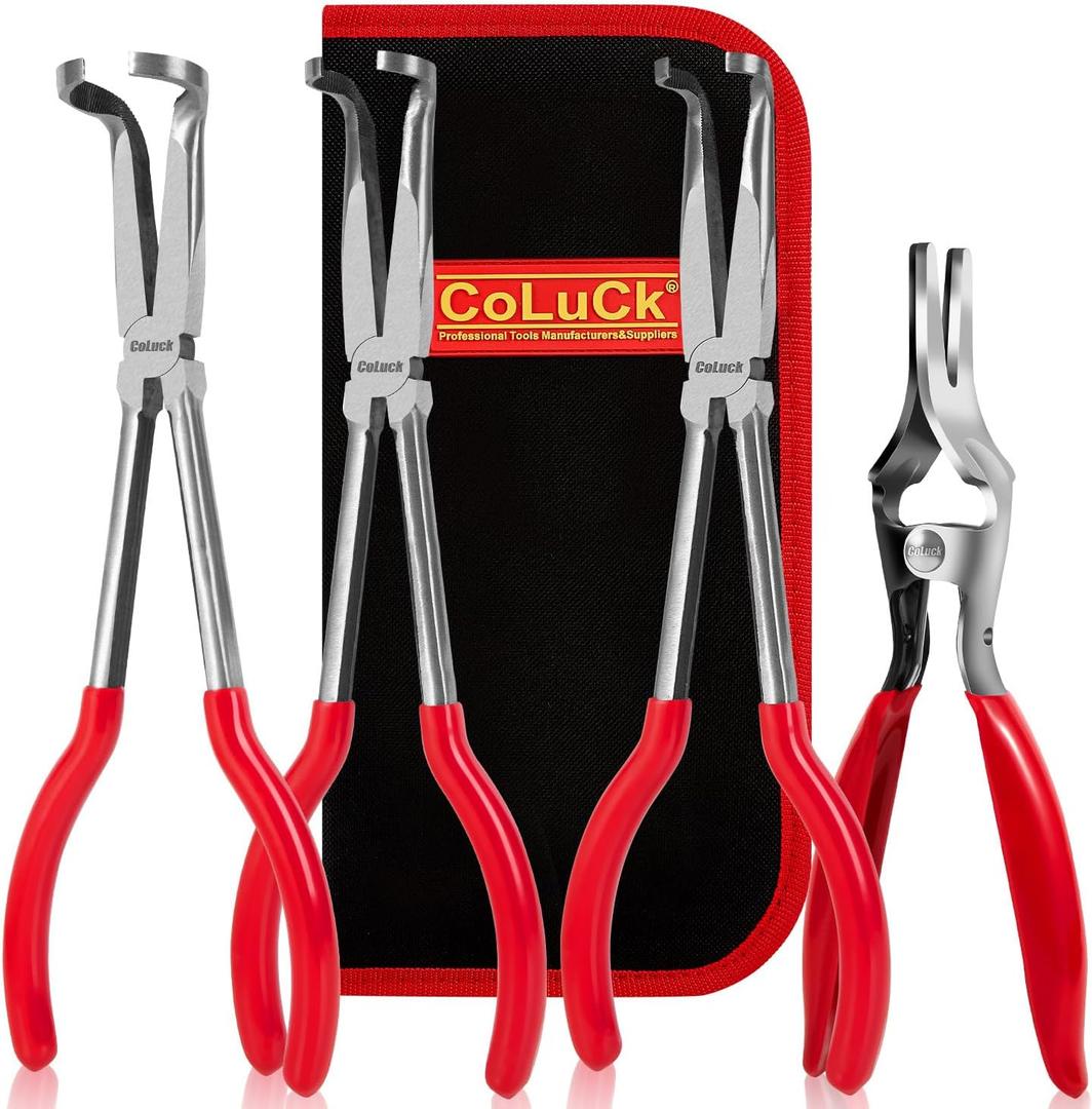 4Pcs 11" Hose Gripper Plier Hose Remover Set,5/16-Inch, 1/2-Inch, 3/4-Inch Dia, Offset Spark Plug Boot Removal Pliers Serrated Jaws for Cannon Plug Removal Tool Hard to Reach Narrow Spaces