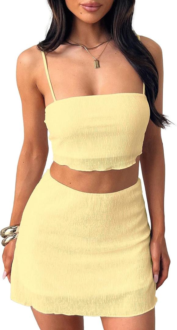 Summer Two Piece Outfits for Women Vacation Going Out Plisse Crop Tops High Waisted Bodycon Mini Skirt Sets (Small, Yellow)