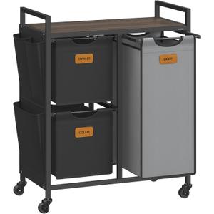 VASAGLE Laundry Hamper with 3 Compartments, 26.4 Gal. (100 L) Laundry Sorter, Rolling Laundry Cart with Shelves, Small Side Pockets, 6 Labels, Chestnut Brown, Ink Black and Dove Gray UBLH202B01 (Chestnut Brown + Ink Black + Dove Gray)