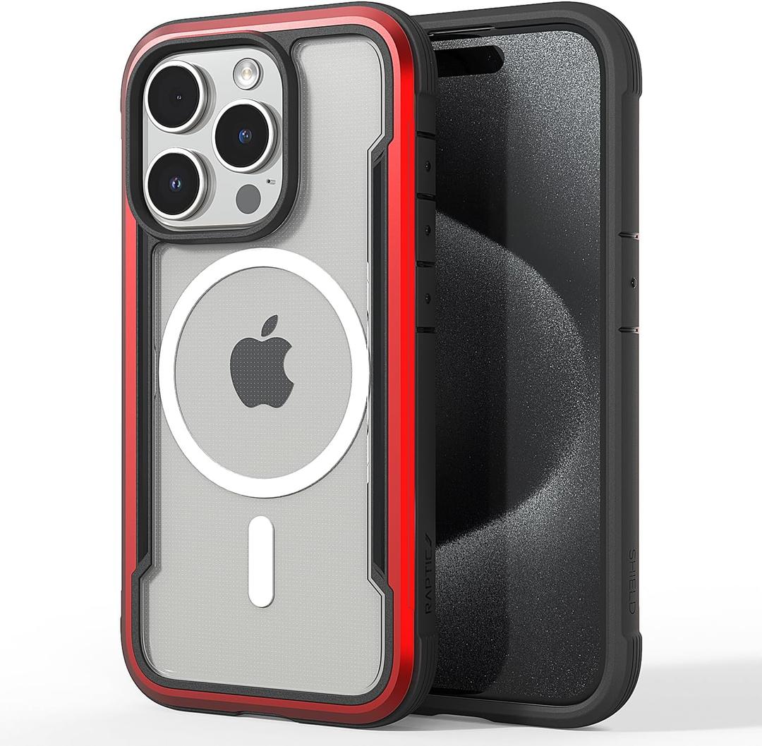 2 x RAPTIC Shield Magnetic for iPhone 15 Pro Case, Compatible with MagSafe, Shockproof Protective Clear Case, Military Grade 10ft Drop Tested, Durable Aluminum Frame, 6.1 inch, Red