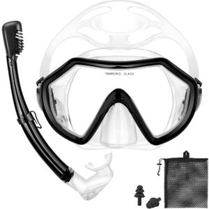 Snorkeling Gear for Adults, Dry Adult Snorkel Set HD Panoramic View Snorkel Mask Set, Anti-Leak and Anti-Fog Scuba Diving Package with Mesh Bag Ear Plug for Snorkeling Scuba Diving Travel (Black/Transparent)