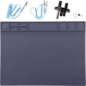 Anti-Static Mat ESD Safe for Electronic Includes ESD Wristband and Grounding Wire, HPFIX Silicone Soldering Repair Mat 932°F Heat Resistant for iPhone iPad iMac, Laptop, Computer, 15.9” x 12” Grey