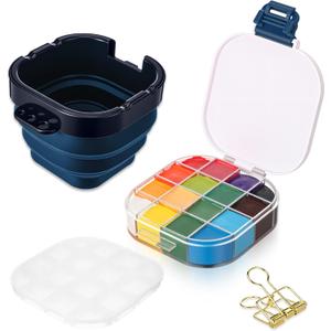 Airtight Acrylic Paint Palette with Lid 16 Well Storage Box Tray Paint Storage Container Saver with Fixing Clips Collapsible Brush Basin for Gouache Acrylic Watercolor and Oil Art Supplies(Blue)