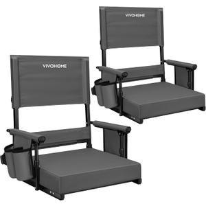 VIVOHOME Height Adjustable High Back Stadium Seats with Back Support and Cushion, 2 Pack Portable Bleacher Chairs with Cup Holder and Shoulder Strap, Comfortable for Various Sports Events, Gray