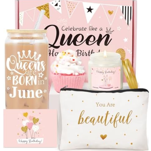 Birthday Gift Basket for Women, Funny Happy Birthday Glass Cup Tumbler for her, Women Unique Gifts Ideas for Box, Happy Gifts for Friends Female Sister Coworker Her Bestie - June