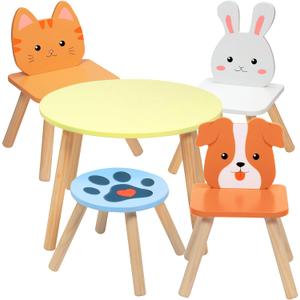 Kids Wooden Animal Table & Chair Set w 4 Seats- Puppy Kitten Bunny Plus Adult Stool for Arts & Crafts, Coloring, Activity, Dining, Pretend Play- Toddler Playroom Furniture for Home, Daycare Classroom, Onesize