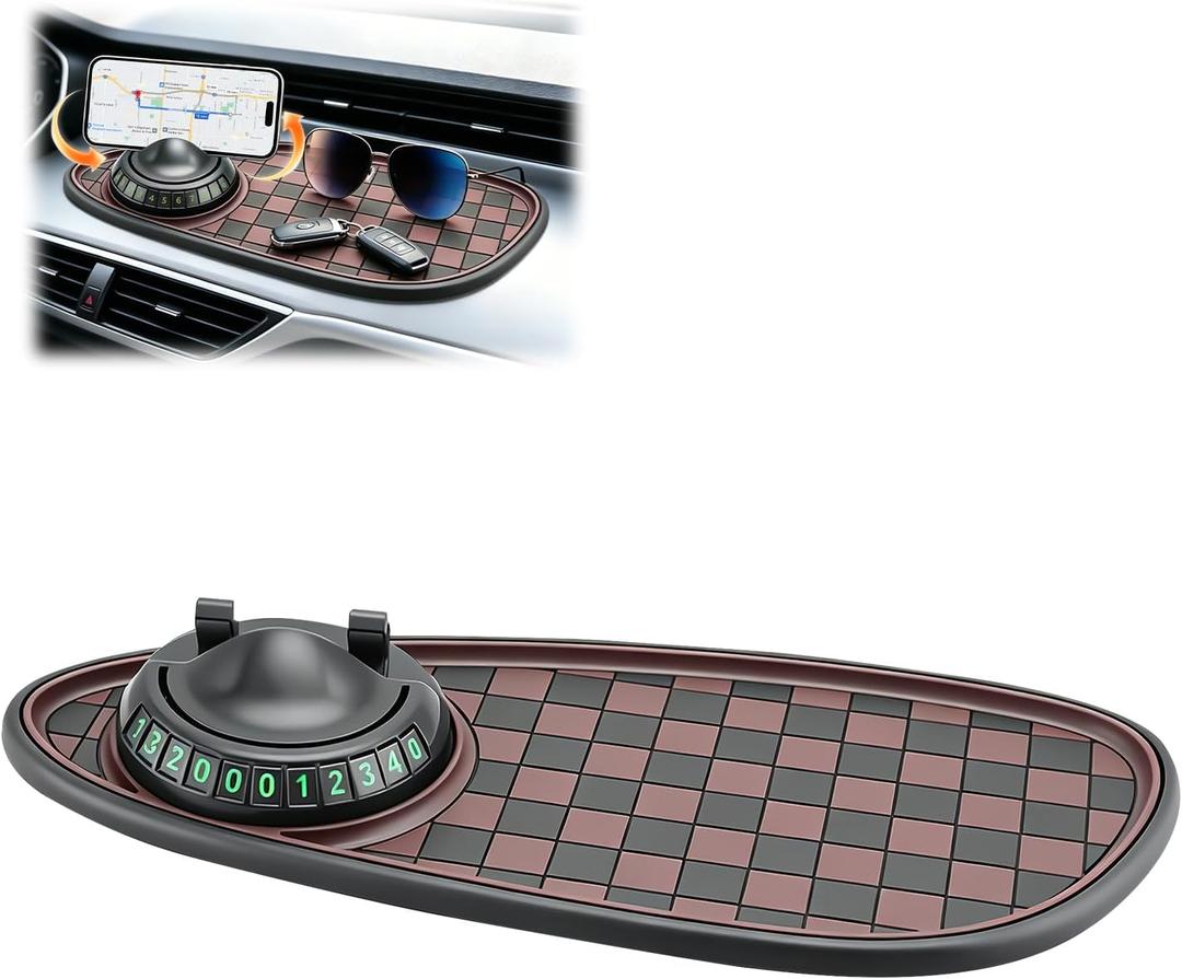 Multifunctional Car Anti-Slip Mat, 360° Rotatable Car Anti Slip Mat Phone Holder, Universal Dashboard Pad with Temporary Parking Number, Dashboard Accessories for Sunglass Chapstick (Black Brown)