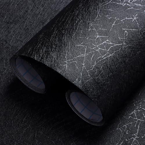 Safiyya 17.3" X 118" Peel and Stick Wallpaper Black Silk Contact Paper Textured Wall Paper Peel and Stick Modern Solid Color Wallpaper for Bathroom Vinyl Rolls