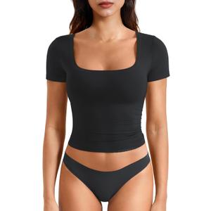 YEOREO Womens Tops Short Sleeve Going Out T Shirts Scoop Neck Slim Fit Double Lined Pattiy Crop Tops (Small, Black)