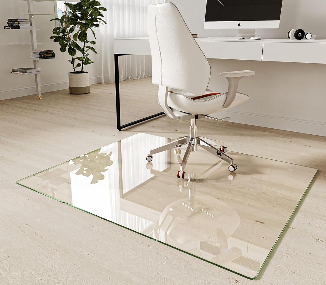 Koonmi Tempered Glass Chair Mat 40"x48" - Premium Office Chair Mat for Hardwood Floors & Low-Pile Carpet with 4 Non-Slip Pads - Thick Scratch-Resistant Surface (Clear)
