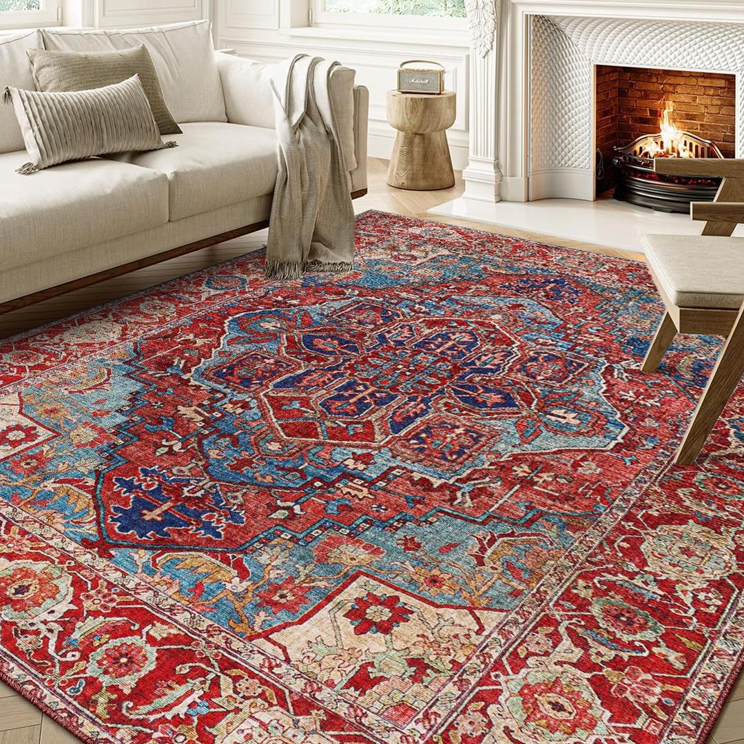 Area Rugs for Living Room - 5x7 Area Rugs, Machine Washable Rugs 5x7, Non-Slip, Stain Resistant Soft Boho Vintage Large Carpet Low Pile Thin Rugs for Living Room Bedroom (Red/Blue)