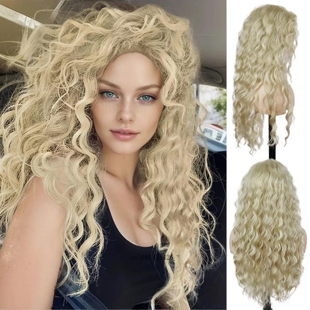 Synthetic Hair Realistic Long Yellow Blonde Curly Wig Free Part Hairline Light Thick Fluffy Wavy Wigs Natural Roleplay Cosplay