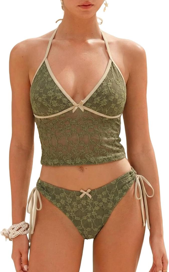 ZAFUL Women's Tankini Sets Halter String Tie Side Thong V Neck Bathing Suit Bowknot Lace Textured 2 Piece Swimsuit (Green, M)