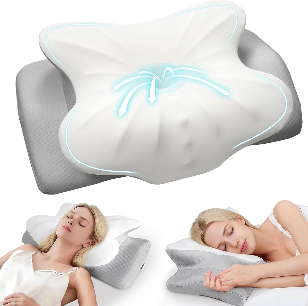 Cervical Pillow for Neck Pain Relief, Ergonomic Pillow for Side Sleeper, Memory Foam Neck Support for Back Sleepers, Dual Height Contour Pillow with Cooling Breathable Cover, White & Grey