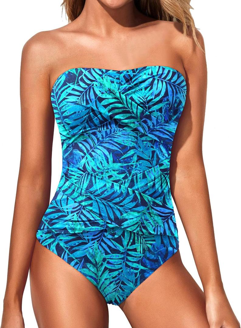 Holipick Women Strapless One Piece Swimsuits Tummy Control Bandeau Bathing Suits Retro Slimming Swimwear (Medium, Blue Leaves)