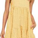 Wenrine Womens Summer Plaid Mini Dress Casual Spaghetti Strap Sleeveless A Line Beach Sundress with Pockets (Yellow)