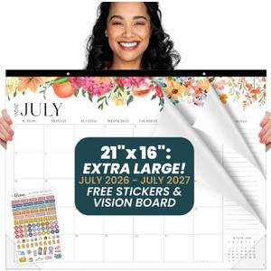 bloom daily planners Desk Calendar 2026-2027 - Academic Year Large Wall Calendar (July 2026 - July 2027) - 21” x 16” Desktop & Hanging Monthly Planner with Stickers for Home or Office - Seasonal Florals