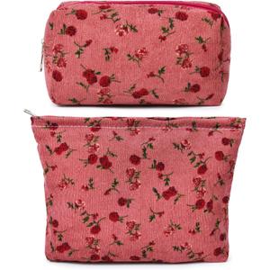 2 Pieces Rose Makeup Bag Large Cosmetic Bag Capacity Canvas Mix Travel Toiletry Bag Organizer Cute Makeup Brushes Aesthetic Accessories Storage Bag for Women, Rose Mix Green Red
