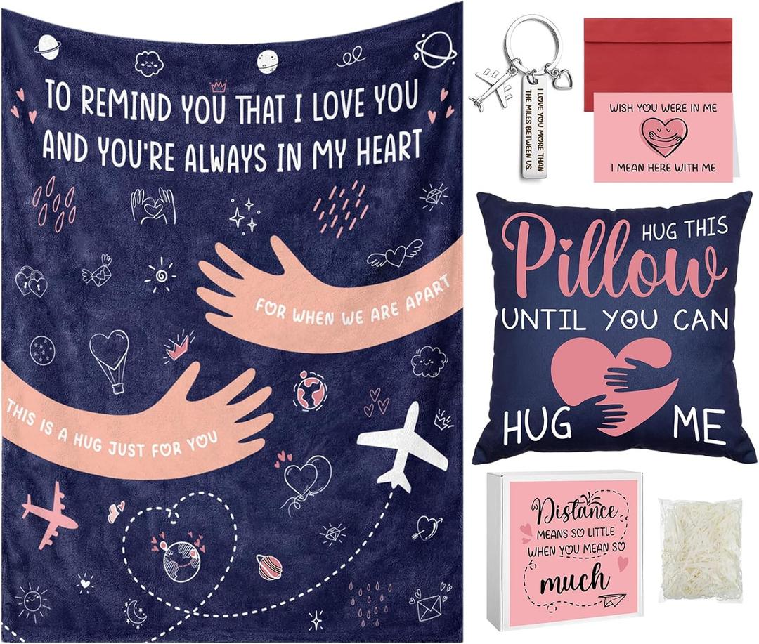 Frienda 7 Pcs Valentine's Day Long Distance Relationship Gifts for Her He Couple Long Distance Blanket Keychain Love Pillow Cover Card Envelope and Box for Girlfriend Women Boyfriend Valentine's Gifts