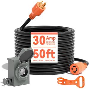AAIN 30 AMP Generator Cord 50FT & Power Inlet Box, NEMA L14-30, ETL Listed | Pre-Drilled Weatherproof Inlet Box, 100% Copper Conductors, Flame-Retardant PVC Jacket, 125/250V, 7500W Max Storm Outdoor Use