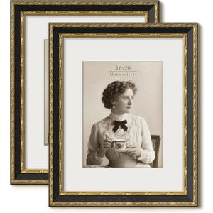 Vintage 16x20 Picture Frame, Ornate Antique Gold 16x20 Frame, Display 11x14 with Mat or 16 x 20 without Mat for landscape or Portrait, Gallery Wall Decor for Home (Black/Gold, 2 Pack)
