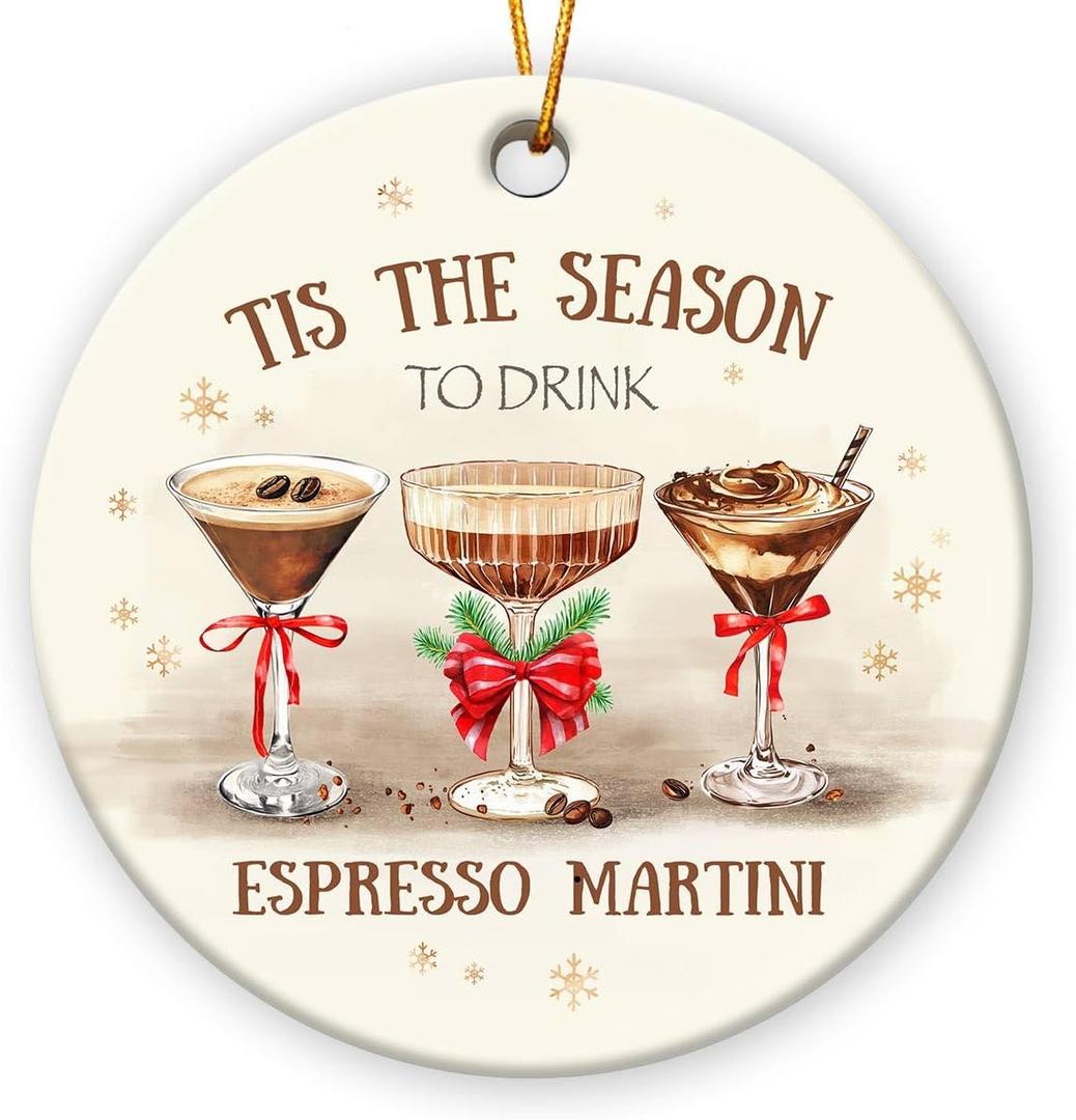 Christmas Espresso Martini Ornament 2025, Gifts for Espresso Martini Lovers, Drinking Ceramic Ornament for Christmas Tree Decorations, Decorative Hanging Ornaments