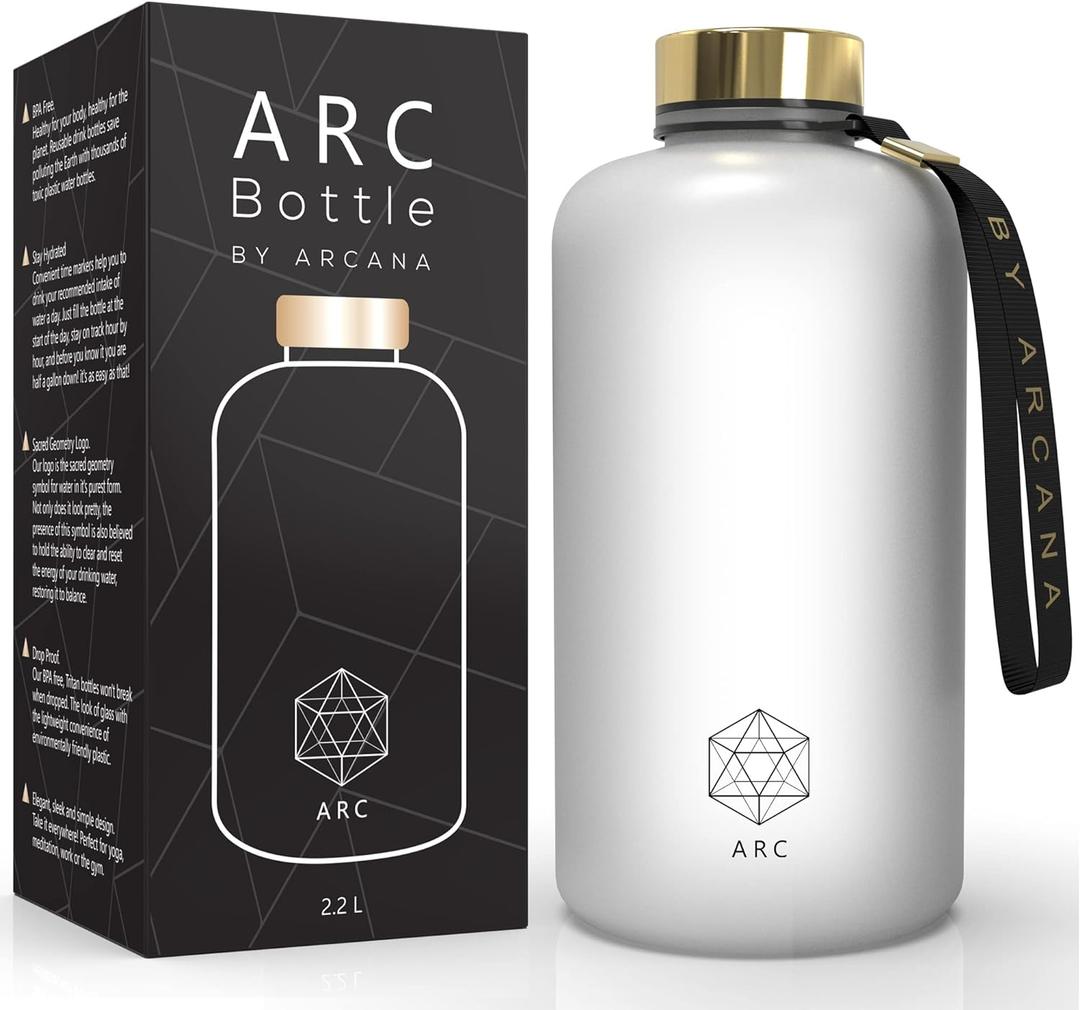 ARCANA Arc Motivational Water Bottles With Time Marker, Times To Drink - BPA Free Frosted Plastic - Gym, Sports, Outdoors (74oz, clear) (56 Ounces)