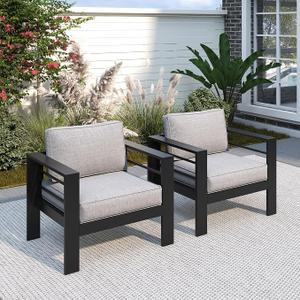 Aluminum Outdoor Patio Chairs, Patio Sofa with 10" Back Cushion, Light Grey Oversized Metal Outside Couch, Outdoor Couch with 27.5" Deep Seating & 3.2" WIde Armrest, Outdoor Furniture Sets for Balcony, 2 x Armchair