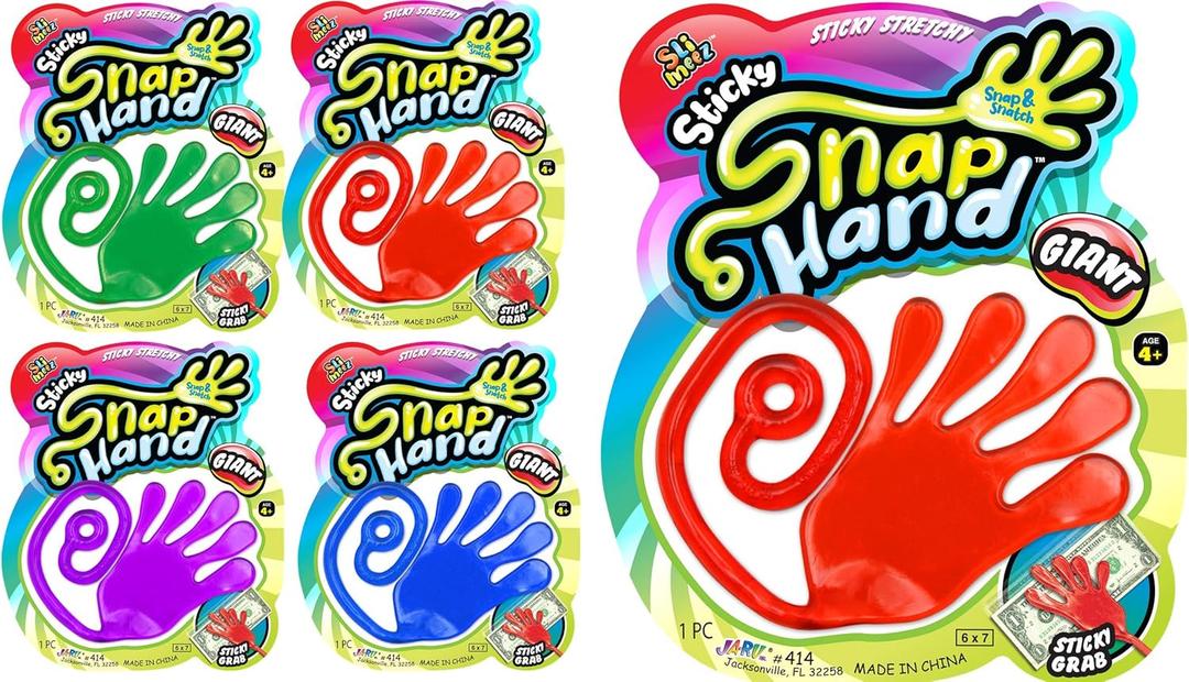 Giant Snap Hand-Jumbo Sticky Hands Toy (4 Pack Assorted) Large Stretchy Toy for Kids. Party Favors, Classroom Prizes, Birthday Gifts Easter Day Goodie Bags Stuffers Bulk. 414-4s