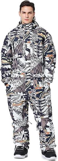 SNBOCON Mens One Piece Ski Suit Snowsuits Colorful Snowboard Jumpsuits Waterproof Hooded Warm Jackets Outdoor Winter (Large, Black), Geometry 