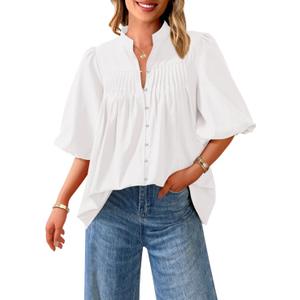 PRETTYGARDEN Women's 2026 Summer Short Lantern Sleeve Tops Loose Fit Button Down Shirt Pleated V Neck Blouses Trendy Clothes (Large, White)