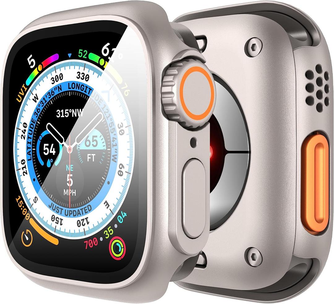 Suoman 3 in 1 for Apple Watch Series 9/8/7/6/5/4/SE 2 45mm Case, 9H Tempered Glass Screen Protector+ Full Coverage Durable PC Hard Matte Protective Cover Bumper -Starlight