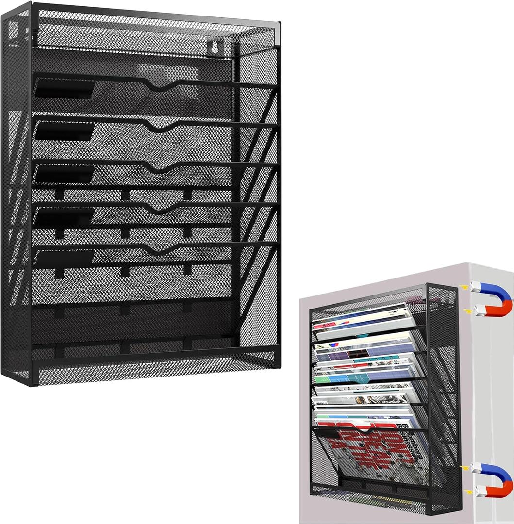 7-Tier Magnetic File Holder, No Drilling Wall File Organizer, Hanging File Organizer, Vertical Holder Rack for File Cabinets, Whiteboard, Refrigerator