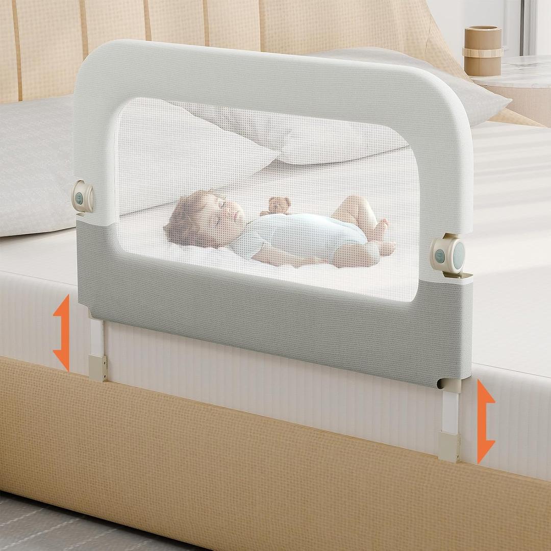 Bed Guard Rail for Toddlers - 32inch Folding up & Adjustable Heights Baby Bed Safety Rails - Portable Toddler Bed Barrier Railing Guard for Kids Twin, Bunk, Queen, Full Size Bed (White With Grey)