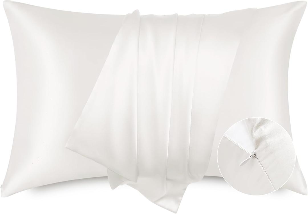 Bedsure Satin Pillowcase with Zipper, Similar to Silk Pillow Cases 2 Pack, Satin Pillow Cases Queen Size Set of 2, Silky & Soft Ivory Pillow Cover for Hair and Skin, Gifts for Women Men, 20x30 Inches, Ivory 